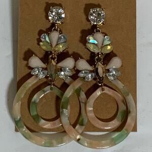Vintage Style Rhinestone Dangle Earrings Gold Tone Double Hoop Pierced USED